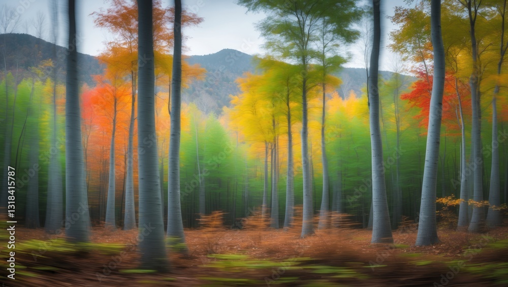 Aufkleber this engaging image showcases a blurred forest scene, artistically depicting the movement of trees w