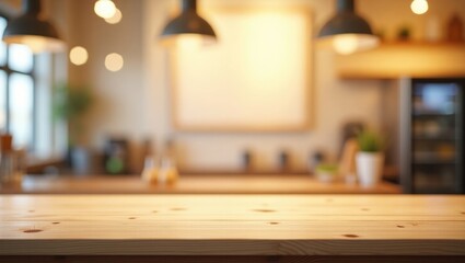 Table and blurred background, Wooden counter against a bokeh light backdrop, Brown wood tabletop, shelf for food and retail shop, store product display background, banner, mockup, template