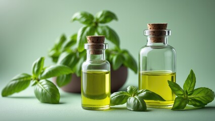 Bottles of basil oil alongside leaves with space for text set against a colored background.