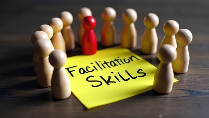 Facilitation skills theme. Wooden figures representing collaboration.