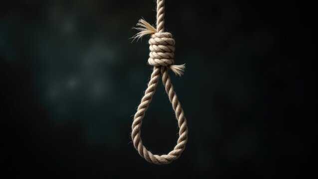 Creative social concept image of a rope noose with a hangman's knot suspended against a background.