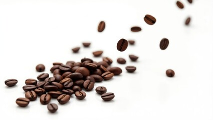 Obraz premium Falling coffee beans set against a white backdrop.