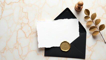 Flat lay luxurious wedding invitation card mockup featuring a black envelope, gold wax seal stamp, and golden leaves. Sophisticated wedding stationery arrangement on a table.