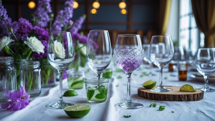 Empty glasses arranged in a restaurant. Part of the interior.