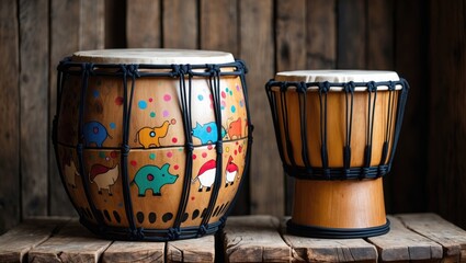 Damaru and djembe drums, musical instruments and percussion.