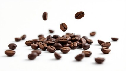 Obraz premium Falling coffee beans on a white background, isolated.