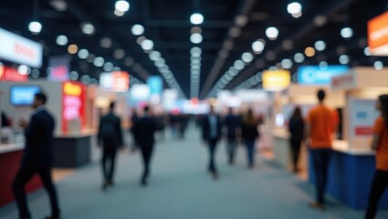 Defocused bokeh lights backdrop of an exhibition, concept of a business show.
