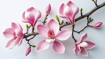 Gorgeous pink magnolia flowers of spring on a tree branch isolated on white