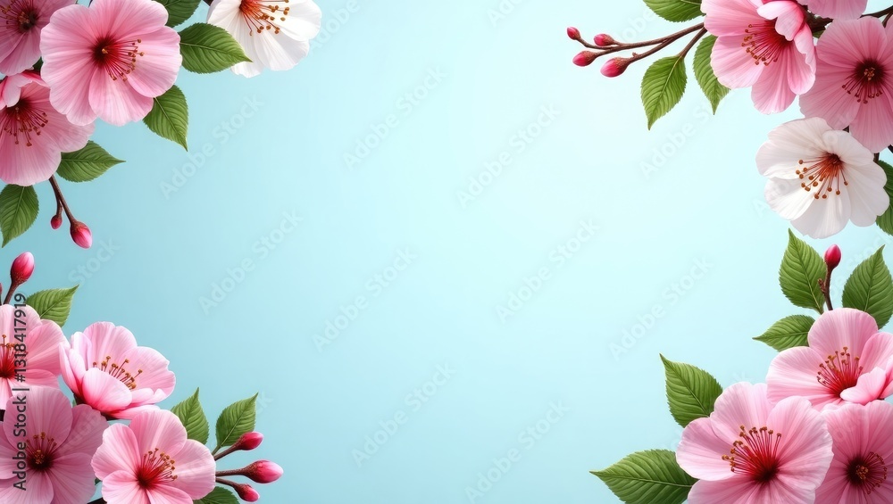 Poster spring blossom featuring garden branches of magenta blossoming red cherry in full frame against a bl