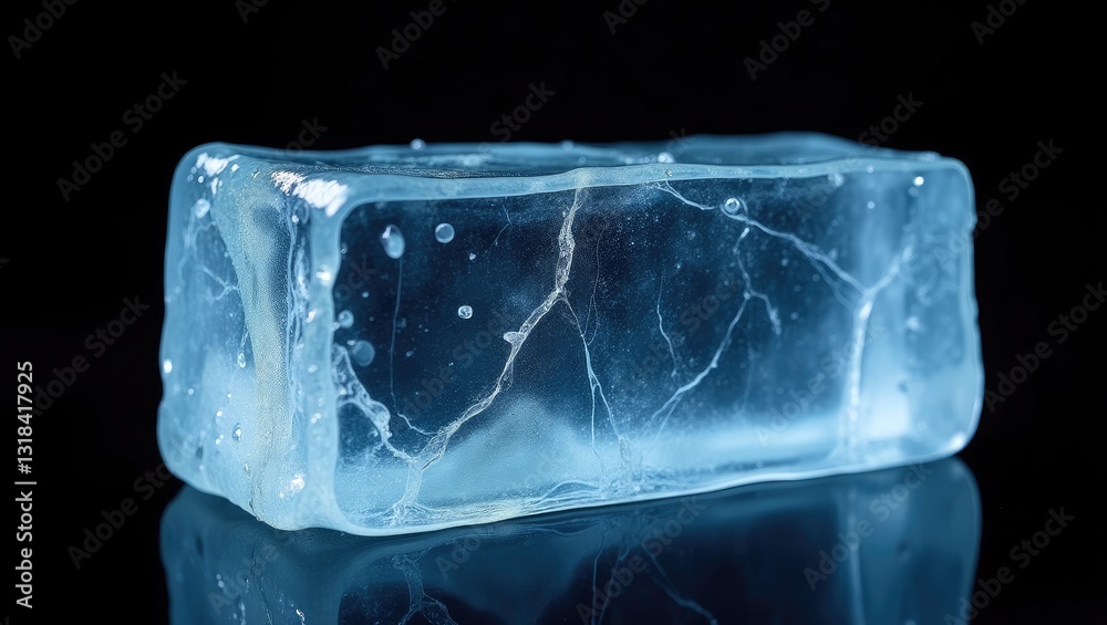 Poster blue-tinted rectangular ice block featuring cracks, isolated against a background. clipping path inc