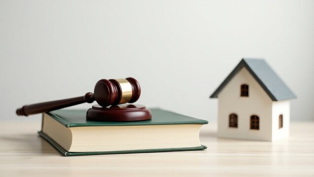 Hammer judge gavel placed on a law textbook, alongside a house model with a white wall backdrop. Foreclosure, bankruptcy, and legal concept. Individual is unable to address outstanding debts or obl...