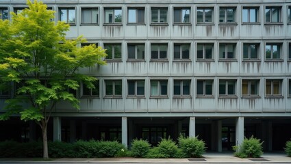 Obraz premium Grid-like windows adorn a weathered building facade, with bright green trees contrasting the gray structure, creating an urban interplay.