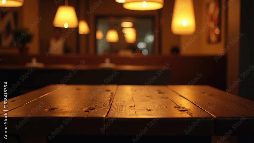 Poster empty dark wooden table set against an abstract blurred bokeh background, suitable for showcasing or