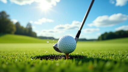 Golf club strikes a golf ball, with drops of morning dew and grass particles rising into the air following the impact.