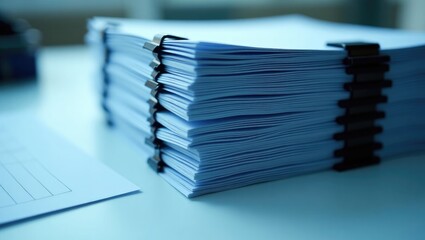 Close-up view of stacked office working documents secured with paper clip folders.