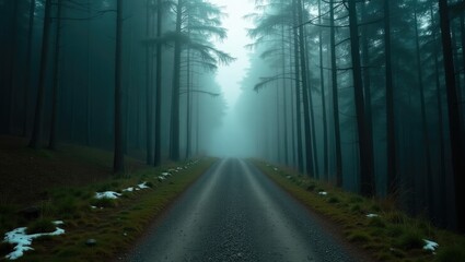 Obraz premium Mysterious landscape, mountain path shrouded in fog with remnants of snow.