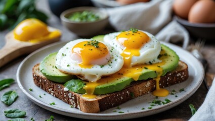 Benedict eggs on avocado toast. A nutritious and healthy breakfast option.