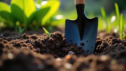 Gardener is digging soil in garden. Shovel digs a hole. Completely dig out weeds using shovel, removing roots from soil. Remove grass and weeds for planting.