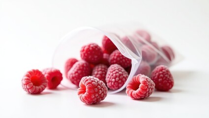 Frozen organic raspberry in a reusable plastic pouch. White background