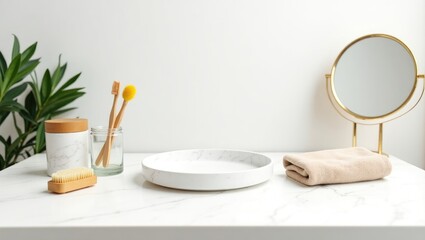 Fototapeta premium Empty bathroom table tray featuring various eco hygiene accessories
