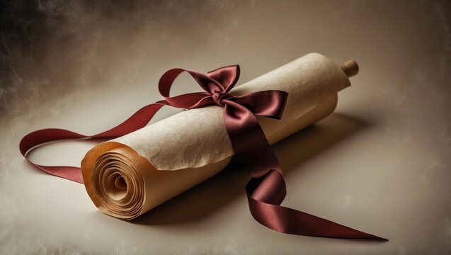 A diploma scroll made of parchment, rolled up with a red ribbon positioned at an oblique angle. Enhanced to achieve a vintage or retro look.