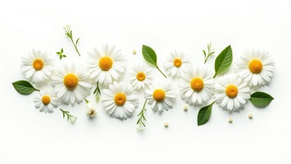 Obraz premium Chamomile flowers and mint arrangement isolated on a white background.