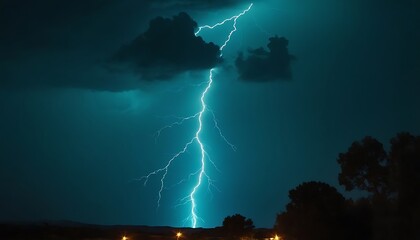 Turquoise lightning bolts striking across a dark night sky, creating a dramatic and powerful atmosphere,electricity, horizontal, lightning, photography, rain, storm, thunderstorm, weather,78