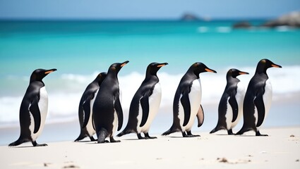 Obraz premium A collection of penguins assembled on a sandy beach during a sunny summer day.