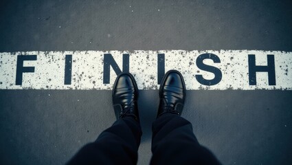 Business concept. Aerial view of shoes positioned on a road with a line and the word finish. Dark shoes on road surface featuring finish in the line.
