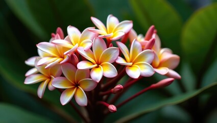 Cluster of pink plumeria flowers on tree branch
