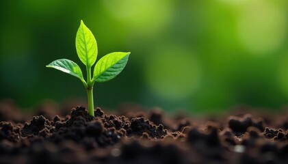 Fototapeta premium Small tree sapling growing through compacted soil, nature textures, leafy greens, plant