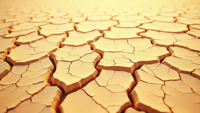 Golden cracked desert soil. Arid climate. Dry, dewatered sandy ground. Abstract texture or backdrop.