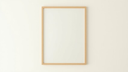 Blank wooden frame on a beige wall. Flat lay design. Minimal wooden frame. Simple wooden frame. Natural wooden frame.
