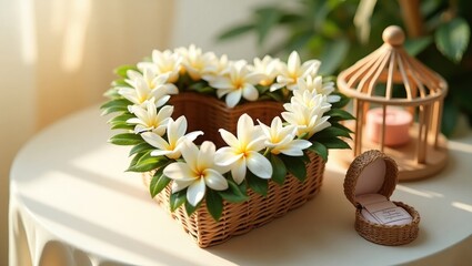 Handcrafted wedding ring box in heart shape adorned with tropical flower garland at the wedding.
