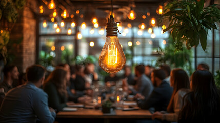 Warm Light Bulb Over Dinner Gathering