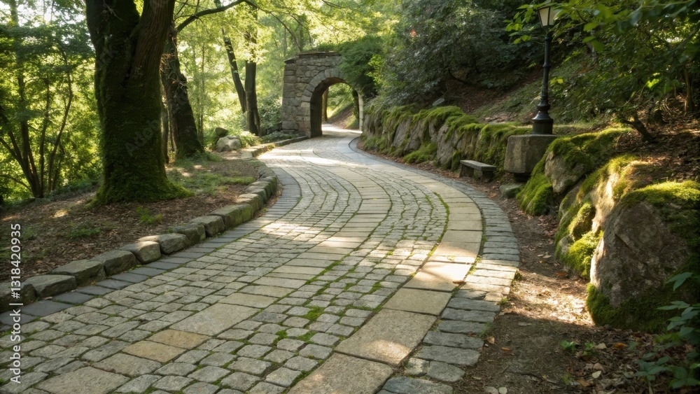 Aufkleber a winding cobblestone path leads through a lush green forest, sunlight filtering through the canopy,