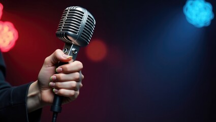 Female hand gripping a vintage microphone set against a colorful backdrop.