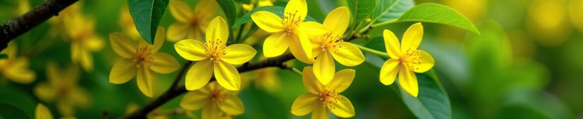 Fototapeta premium Cornus tree with bright yellow flowers in full bloom, greenery, bright yellow, foliage