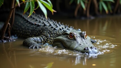 Obraz premium A large mature crocodile is concealed in the water beneath mangrove foliage, poised to ambush its prey.