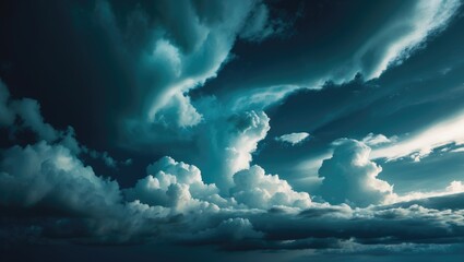 Naklejka premium Dramatic sky featuring clouds. Black, blue, and green night sky. Thunderstorm. Dark teal color backdrop. Ominous and frightening.