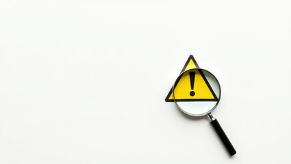 Black and yellow triangle caution warning sign viewed through a magnifying glass for notification error and maintenance concept.