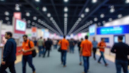 Blurred bokeh lights backdrop of exhibition, Business show concept.