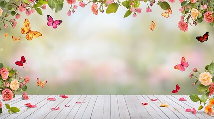 Pastel Pink Roses and Butterflies Spring Garden Background