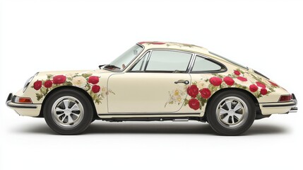 Fototapeta premium The antique automobile showcased in the photo is a true piece of art, its exterior decorated with flawlessly detailed floral motifs that convey a sense of grace and refinement