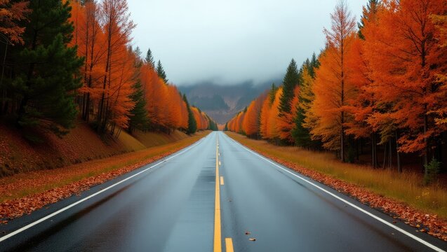 Deserted straight mountain road during a rainy autumn day, with fallen leaves on the wet asphalt. Beautiful fall colors.