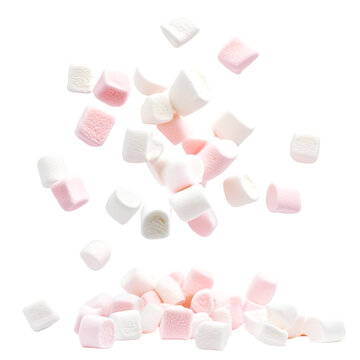 Pink and white marshmallows falling playfully sweet treat delight