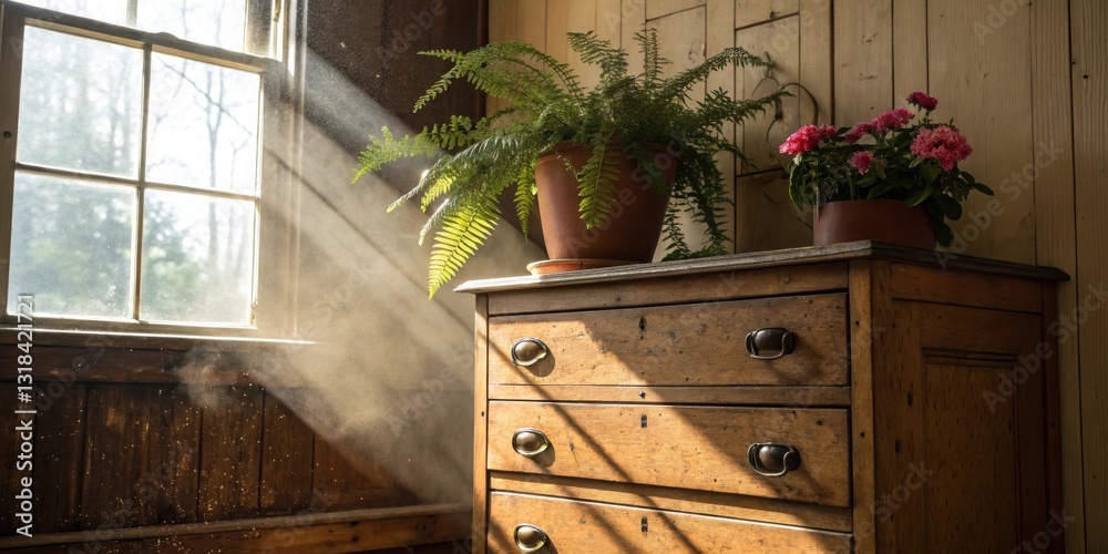 Poster sunlight streams through a window, illuminating a wooden dresser with dust motes dancing in the air,