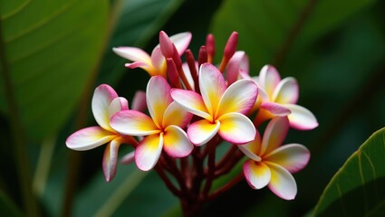Fototapeta premium Group of pink plumeria flowers on a tree branch