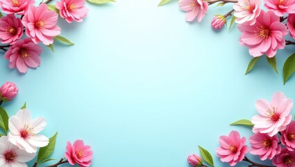 Obraz premium Spring blossom, garden branches of magenta blossoming red cherry in full view against a blue background. Pink sakura or fruit tree vibrant flowers, featuring a border for copy space.