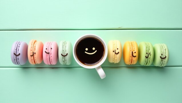 Cup of coffee alongside colorful macarons featuring happy faces on a wooden mint backdrop. - Powered by Adobe